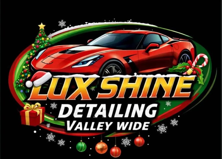 Lux Shine Detailing Valley Wide logo featuring a red sports car with holiday decorations including Christmas tree, ornaments, and gifts on black background
